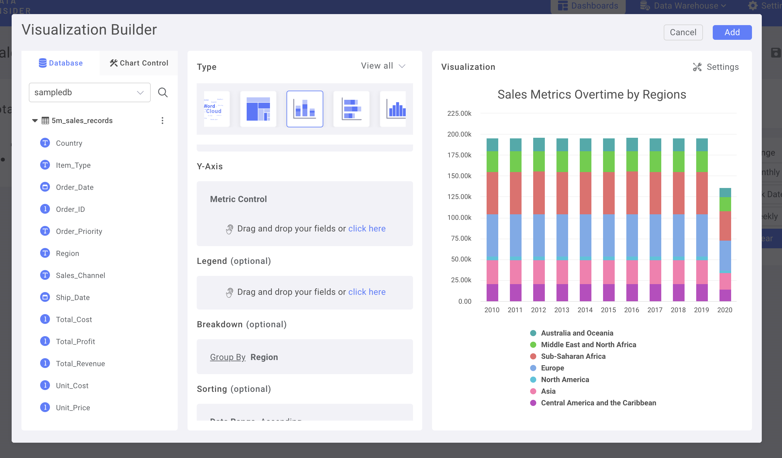 Колонка Region, добавляемая как измерение Breakdown в составной столбчатой диаграмме